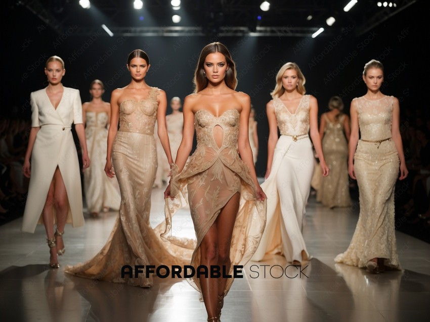 Fashion Models Walking Runway in Designer Gowns