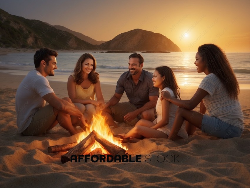 Friends Enjoying Sunset Beach Bonfire
