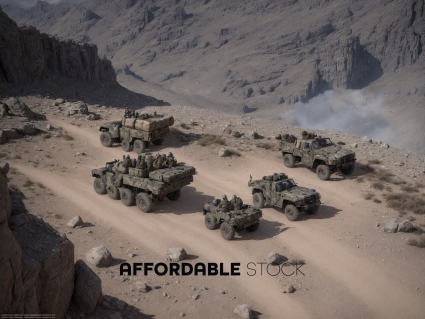 Military Vehicles Convoy in Rocky Desert Terrain
