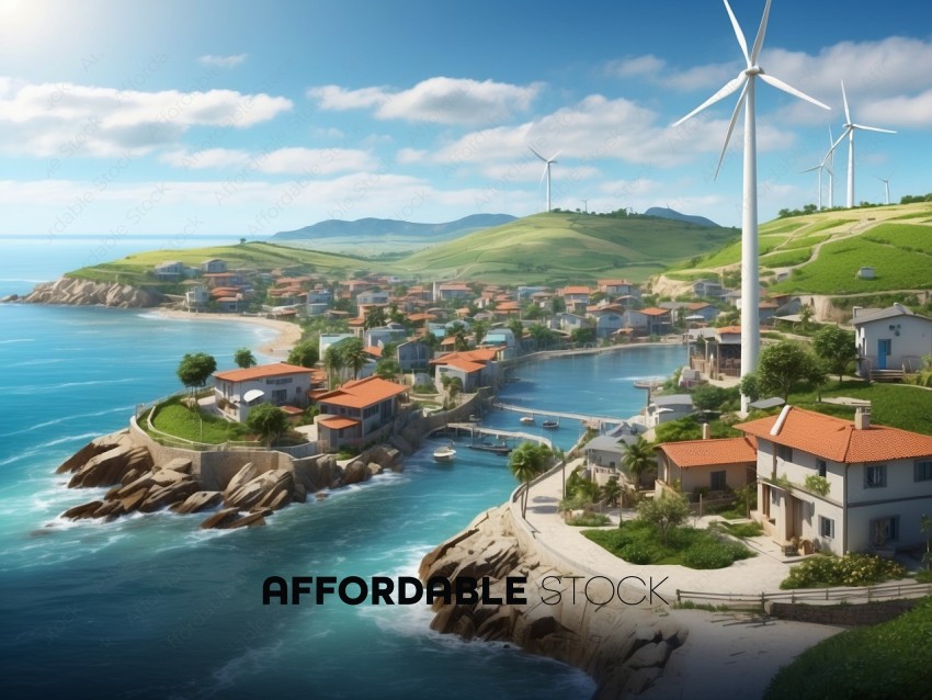 Coastal Village with Wind Turbines