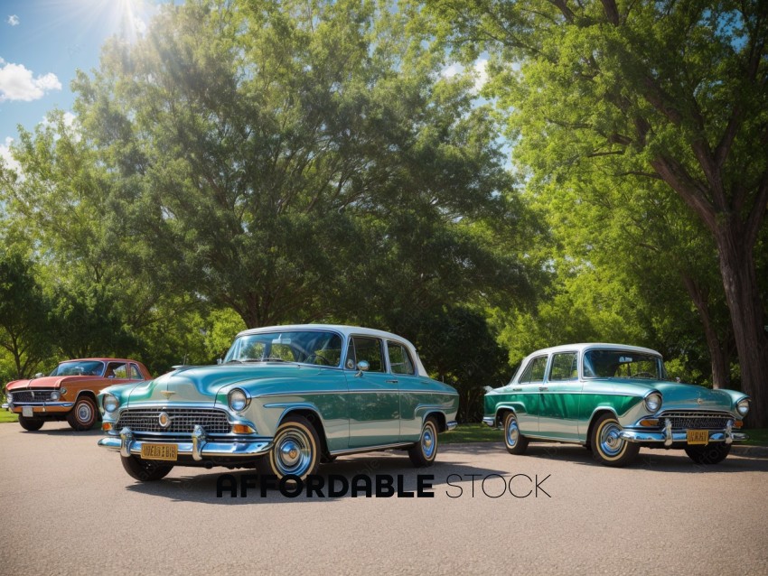 Vintage Cars Parked Under Summer Trees
