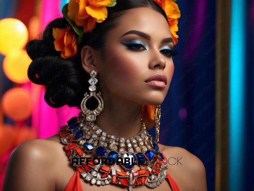 Elegant Woman with Bold Makeup and Jewelry