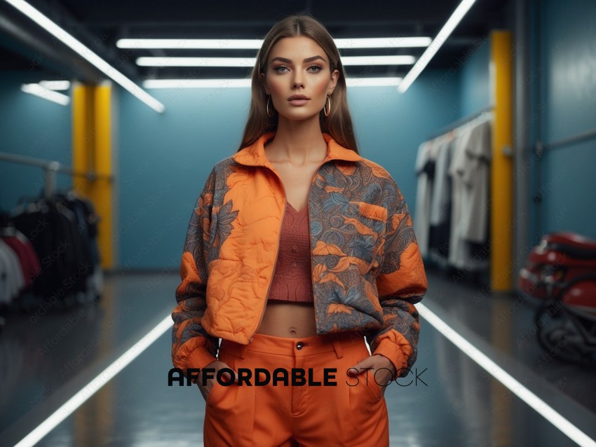 Fashionable Woman in Orange Jacket Posing in Urban Setting