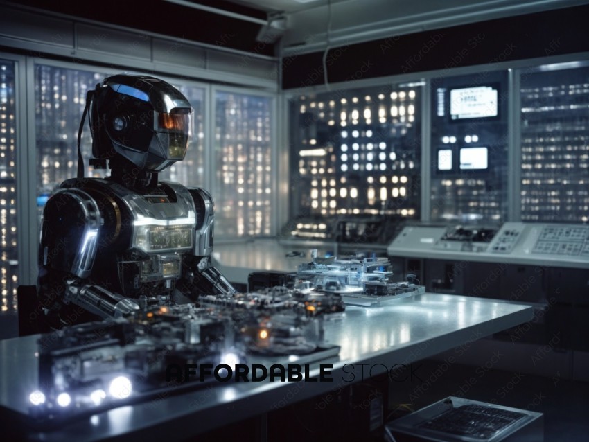 Futuristic Robot in Control Room at Night