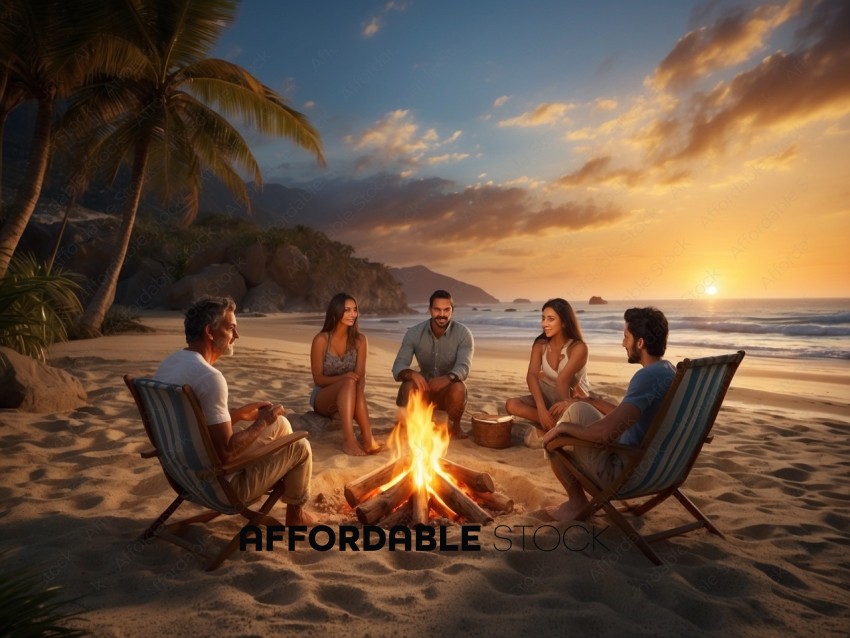 Group of Friends Enjoying Beach Bonfire at Sunset