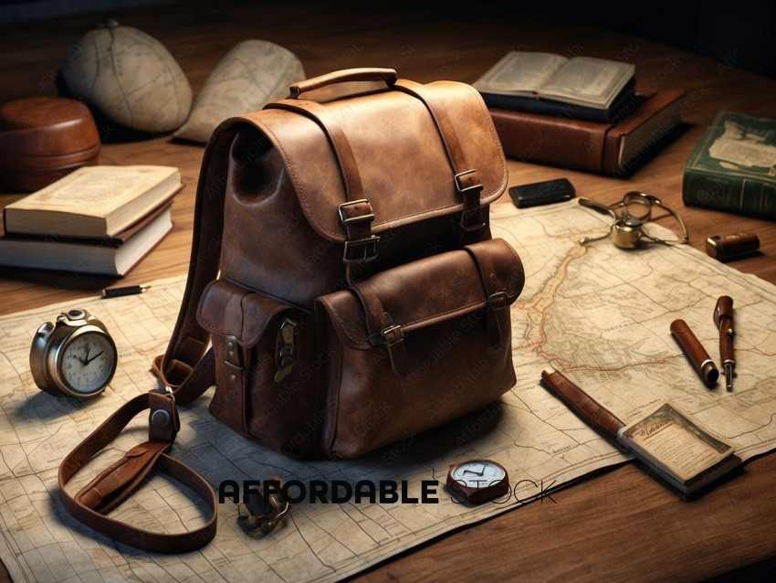 Vintage Explorer Desk with Leather Backpack and Map