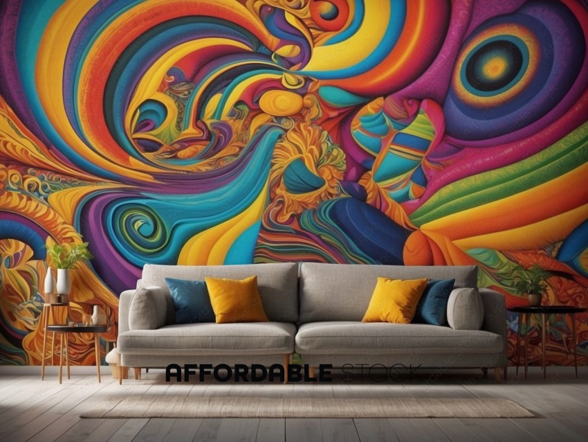 Colorful Abstract Mural in Modern Living Room