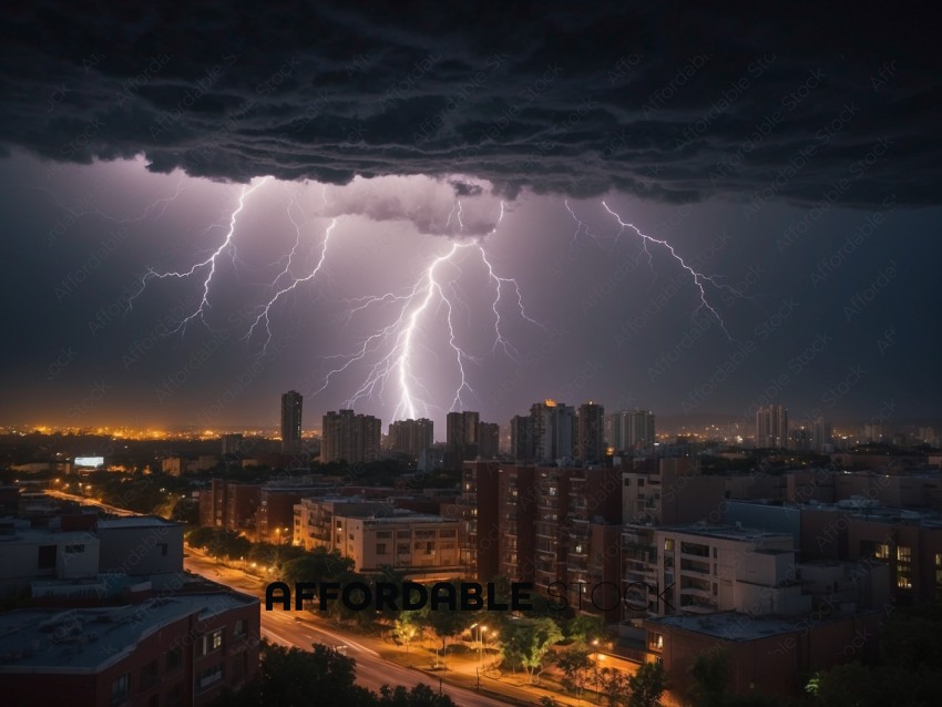 Dramatic Lightning Strike over City at Night