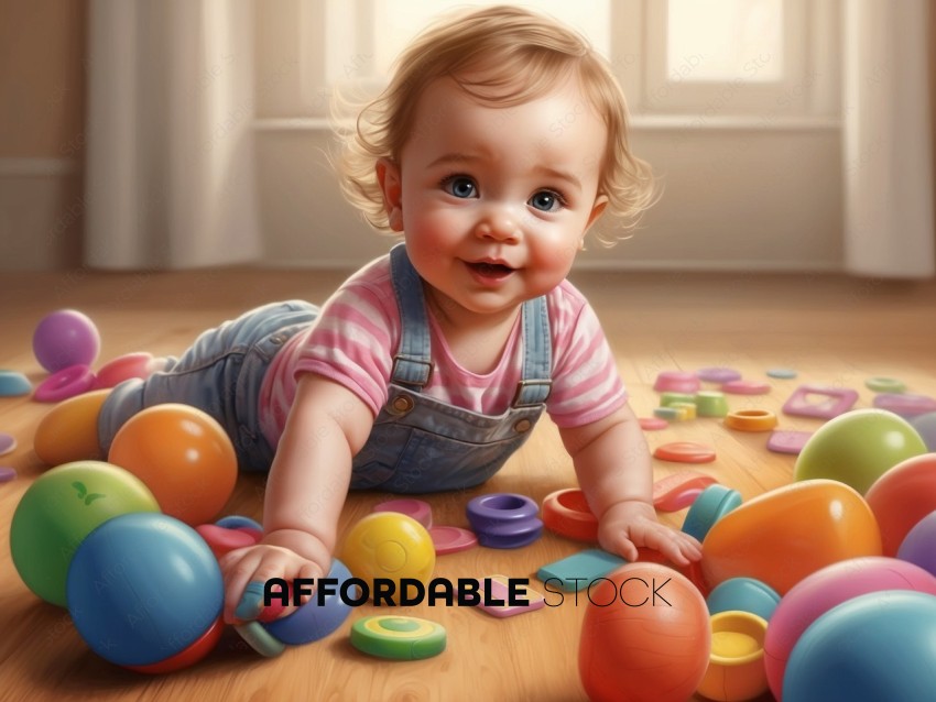 Smiling Baby Playing with Colorful Balls and Blocks