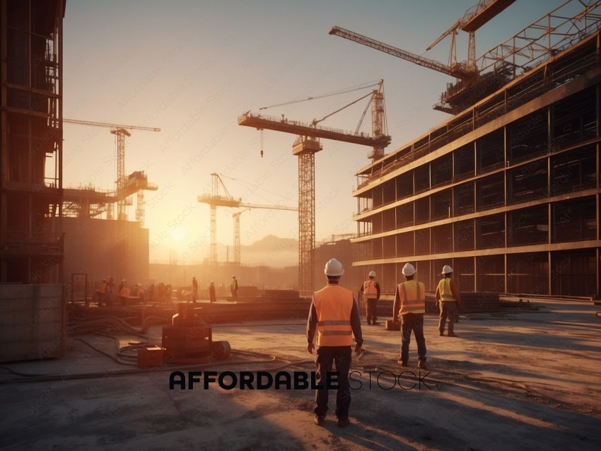 Construction Workers at Sunset on Building Site