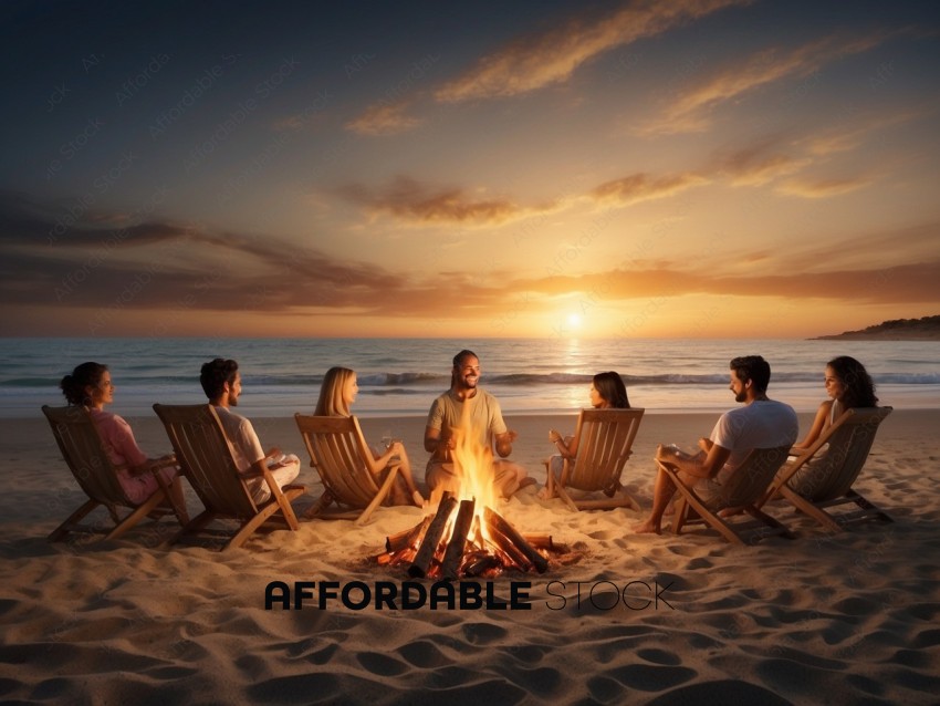 Friends Enjoying Sunset Beach Bonfire