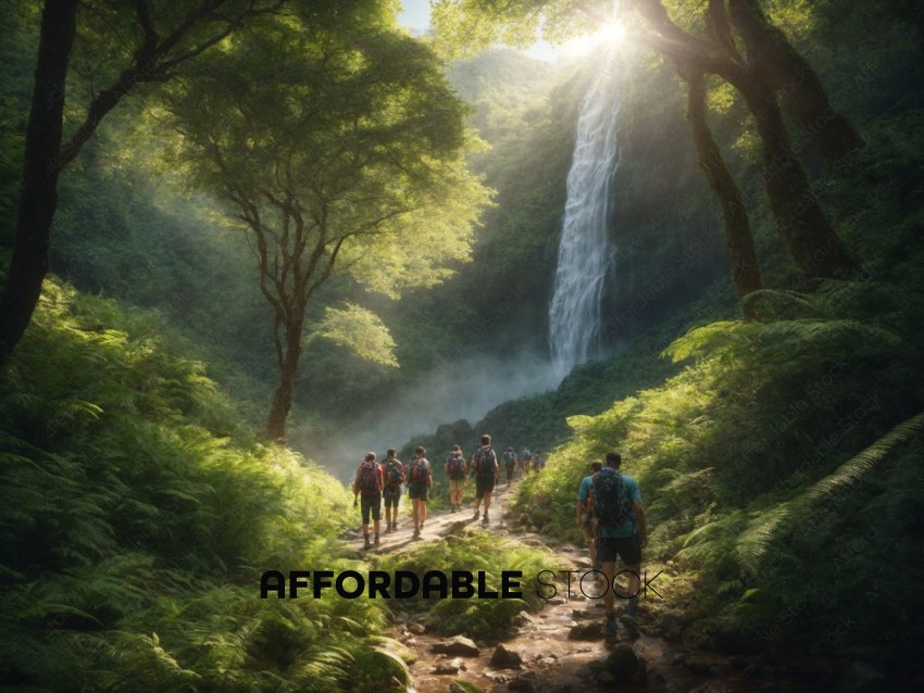 Hikers Trekking Towards Waterfall in Lush Forest