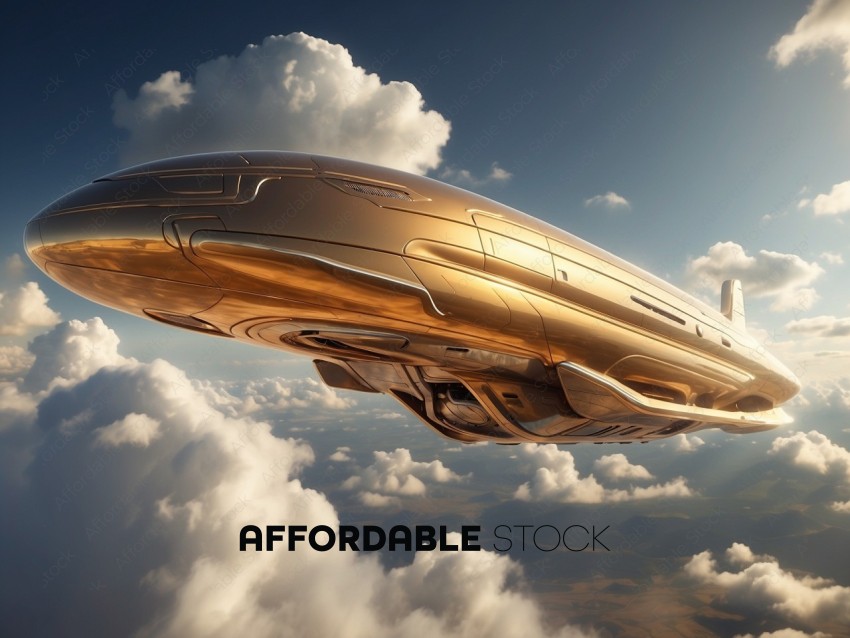 Futuristic Golden Airship Above Clouds