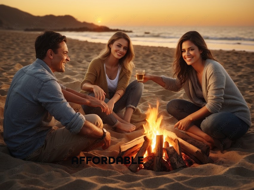 Friends Enjoying Beach Bonfire at Sunset