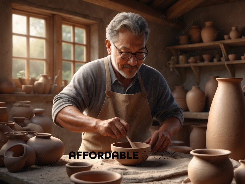 Senior Potter Crafting Clay Bowl in Workshop