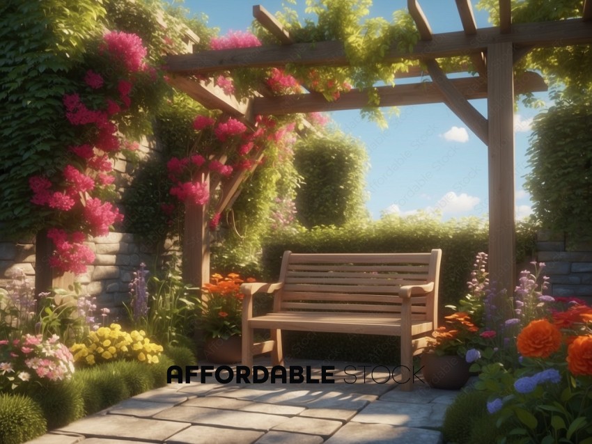 Serene Garden Pergola with Blooming Flowers