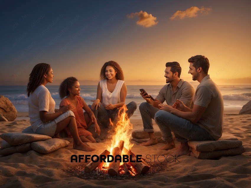 Friends Enjoying Beach Bonfire at Twilight