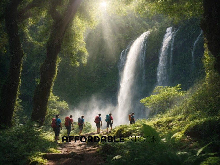 Hikers Approaching a Majestic Waterfall in Lush Forest