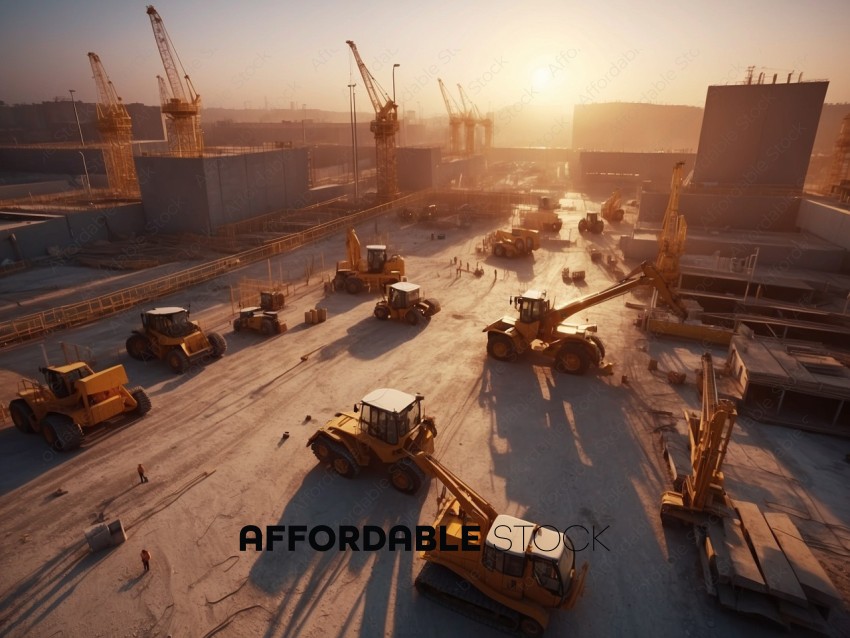 Sunset over Construction Site with Heavy Machinery