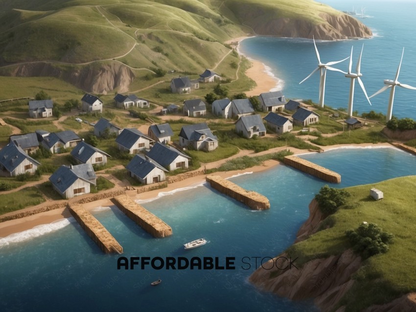 Coastal Village with Wind Turbines and Boats