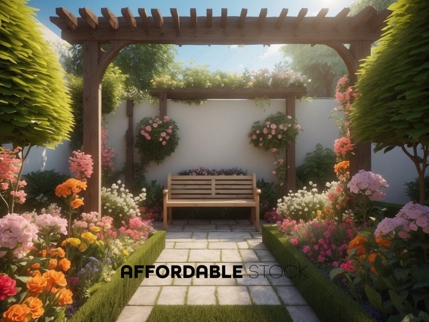 Tranquil Garden with Pergola and Blooming Flowers