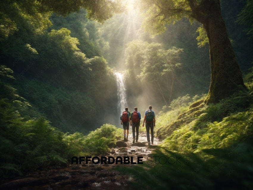 Hikers Approaching Waterfall in Lush Forest