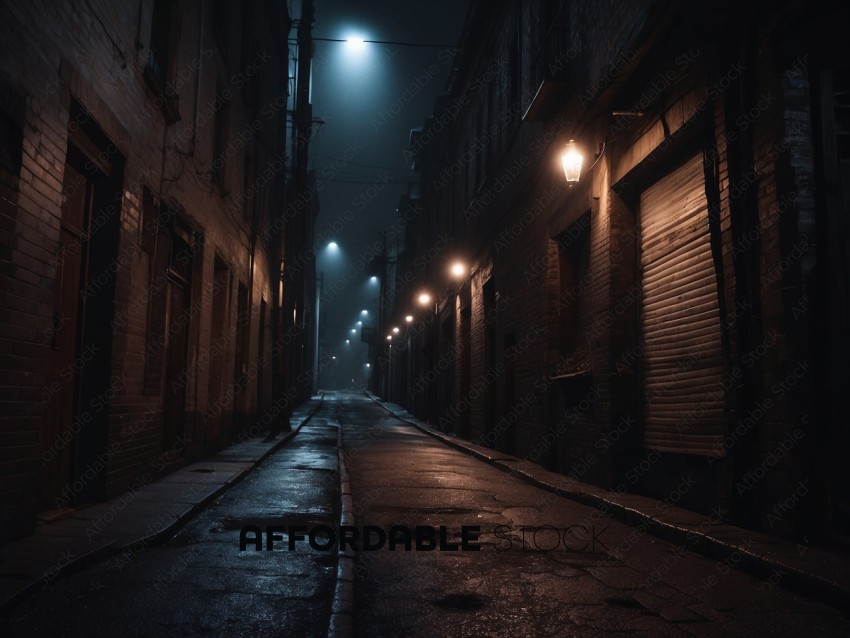 Misty Alleyway at Night with Street Lights