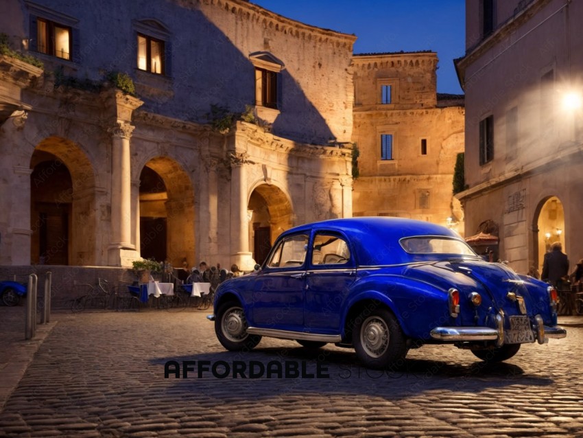 Vintage Car Parked in Charming European City at Night