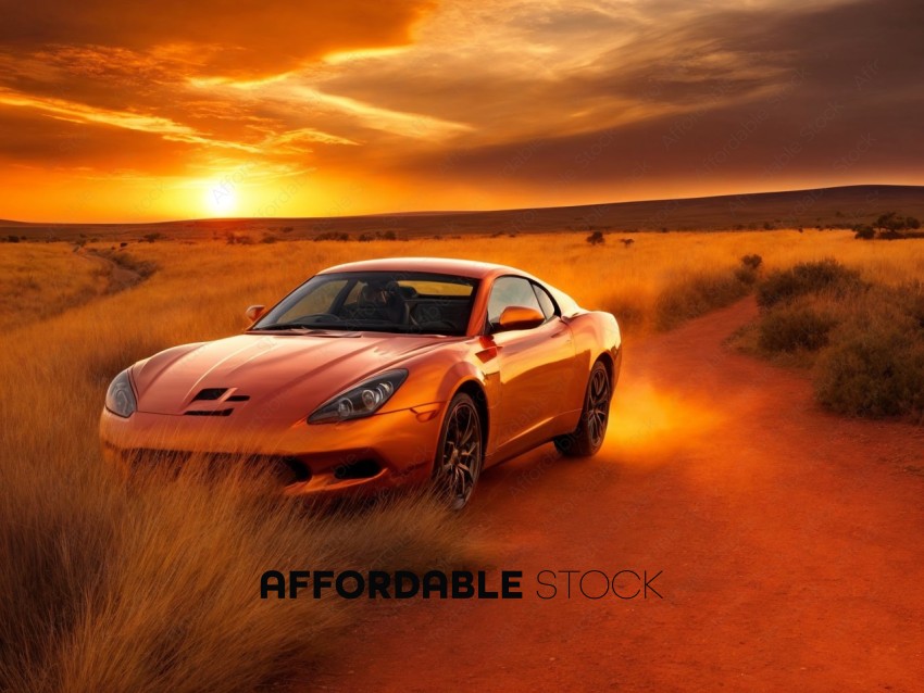 Sports Car Cruising on Desert Road at Sunset