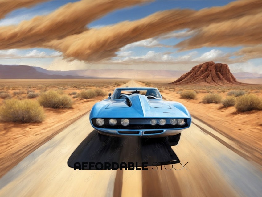 Vintage Blue Sports Car Speeding in Desert