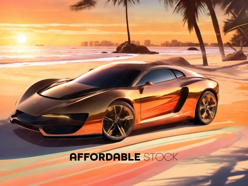 Futuristic Sports Car on a Beach at Sunset