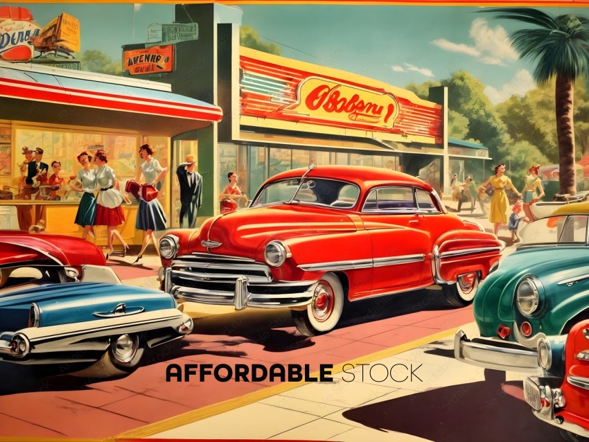 Vintage Diner and Classic Cars Scene