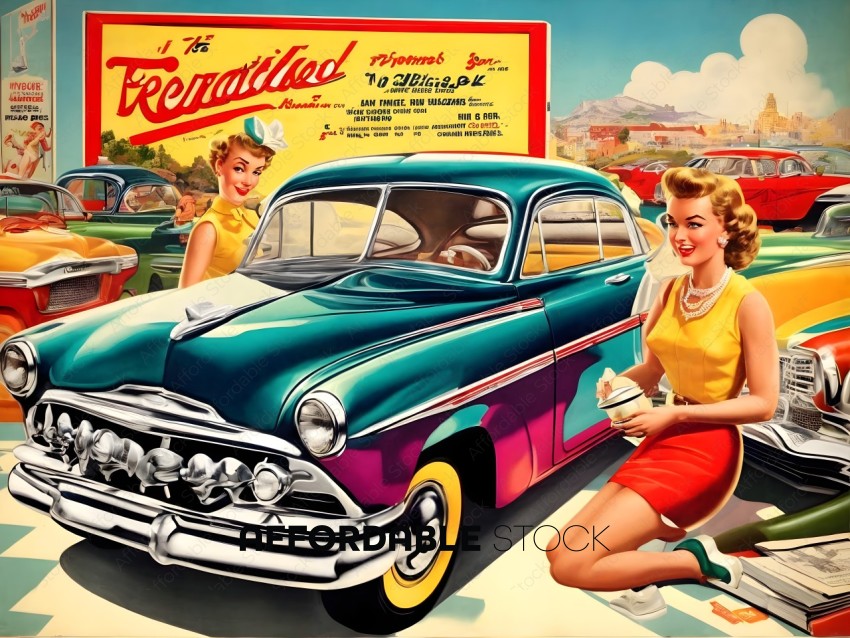 Vintage Car Advertisement with Fashionable Woman