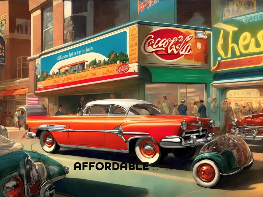 Vintage Street Scene with Classic Cars and Diners