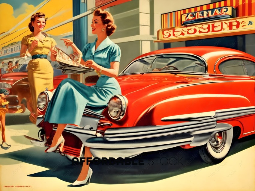 1950s Women Chatting by Vintage Car