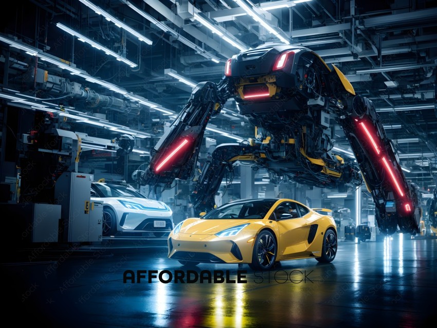Futuristic Robotic Arm Assembling Sports Car in Factory