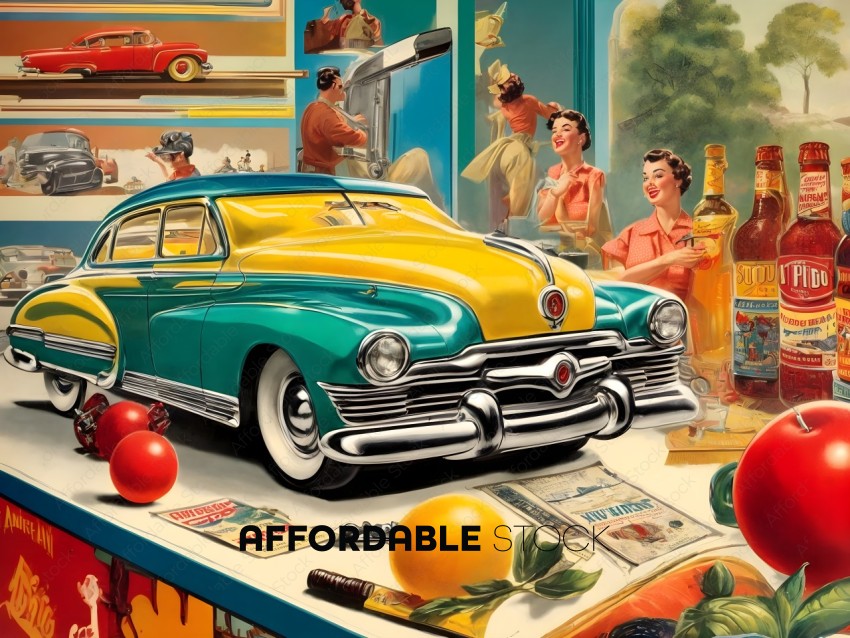 Vintage Diner Scene with Classic Car and People