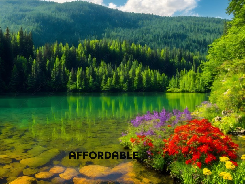 Vibrant Mountain Lake with Blossoming Wildflowers