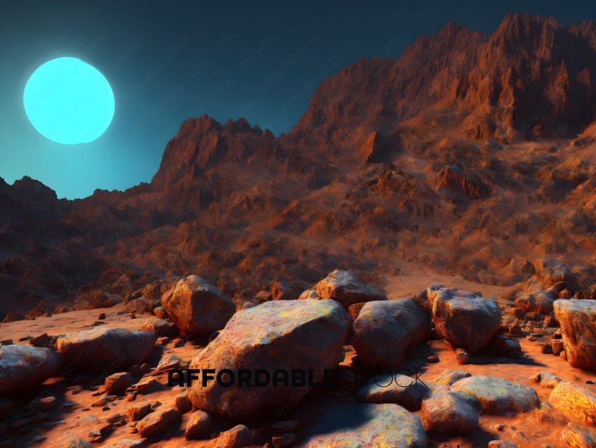 Alien Landscape with Blue Sun and Rocky Terrain