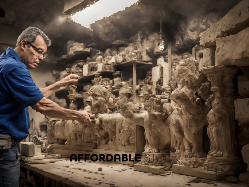 Artisan Sculpting Clay Lion in Workshop