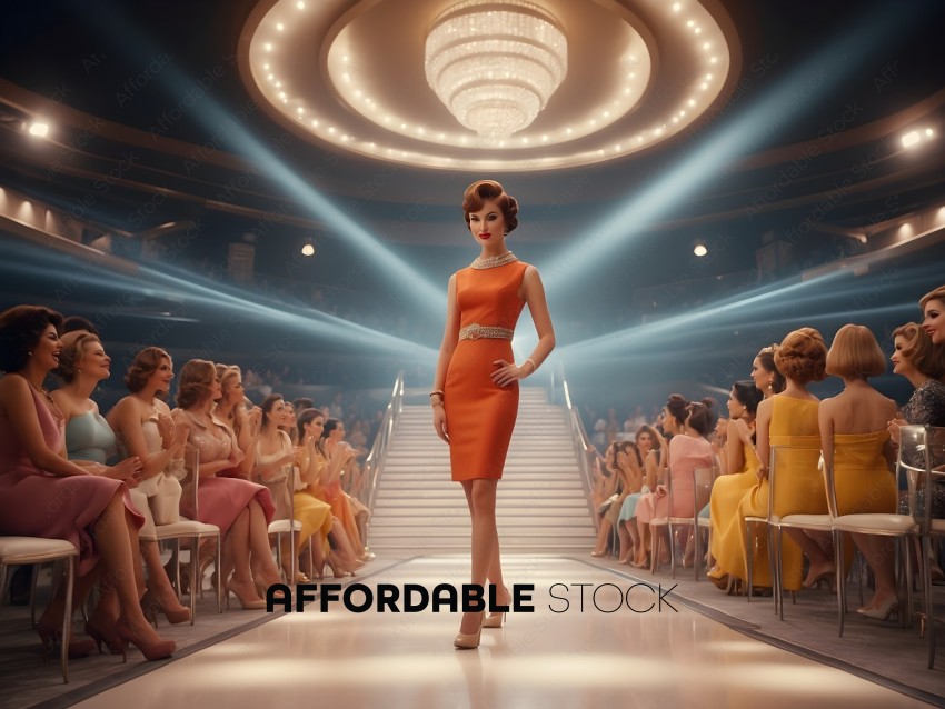 Elegant Woman in Orange Dress at Fashion Show