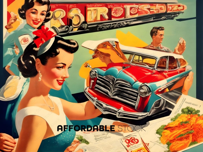 Vintage Advertising Poster with Car and Lifestyle