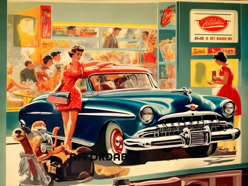 Vintage Diner and Classic Car Illustration