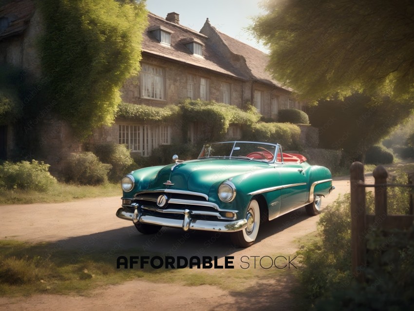 Vintage Green Convertible Parked by Country House