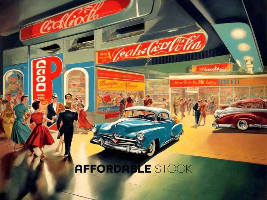 Vintage Gas Station Scene with Classic Cars