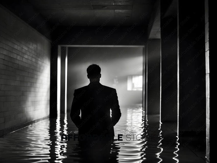 Silhouetted Man Standing in Flooded Corridor
