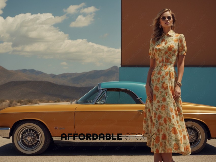 Elegant Woman Posing with Classic Car