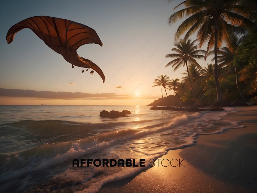 Paraglider Flying Over Tropical Beach at Sunset