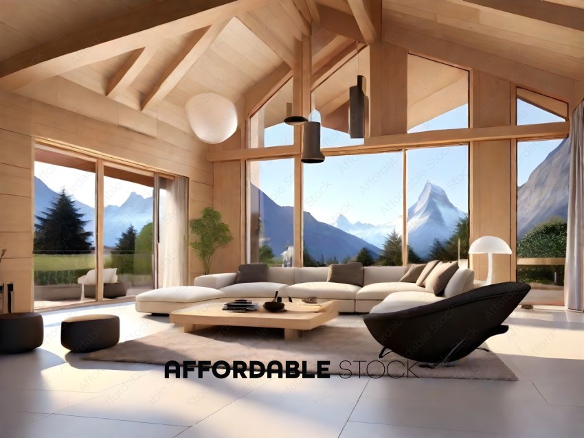 Modern Wooden Home Interior with Mountain View