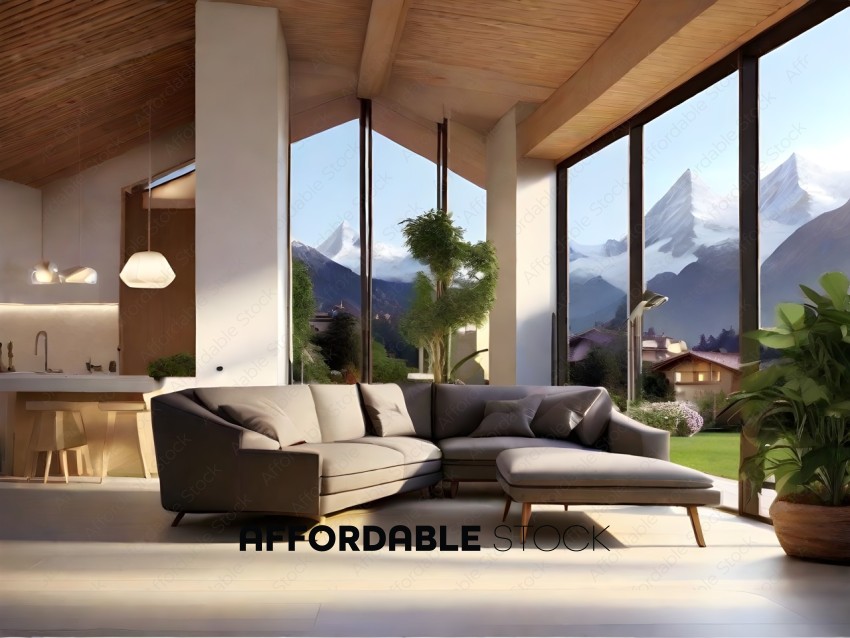 Modern Living Room with Mountain View